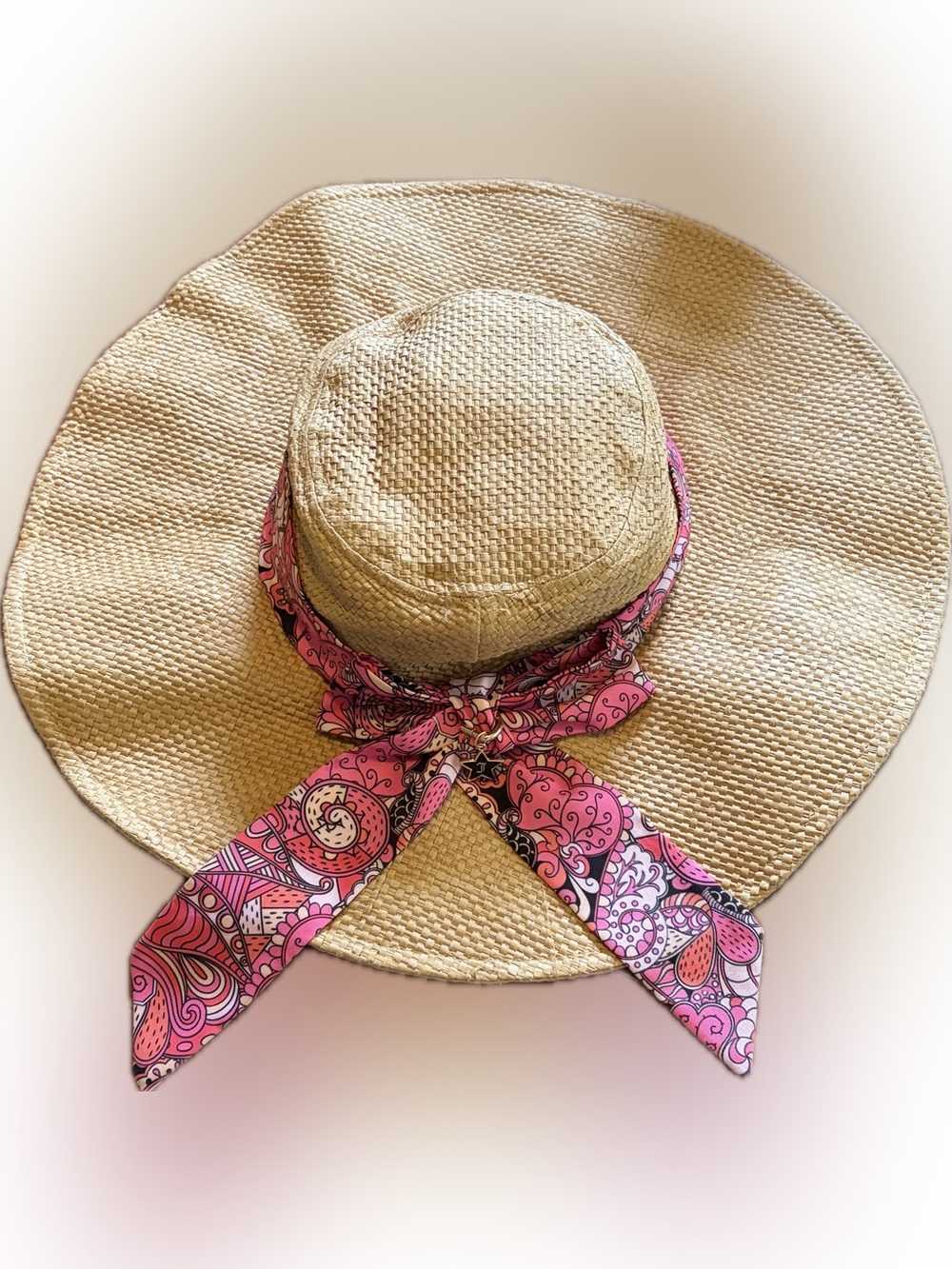 Juicy Couture Straw Sun Hat with Pink Paisley Scarf Tie